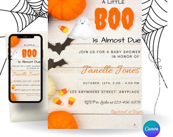 May include: A Halloween-themed baby shower invitation featuring a white wood background, orange pumpkins, candy corn, and black bats. The text reads A LITTLE BOO Is Almost Due, JOIN US FOR A BABY SHOWER IN HONOR OF Janelle Jones, OCTOBER, 15TH, 2:00 - 4:00 PM, 123 ANYWHERE STREET, ANYPLACE, RSVP to Leslie at 123-456-6879, Registered at Target.
