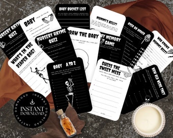 May include: A collection of black and white baby shower game cards featuring skeleton illustrations and titles such as Baby Bucket List, Nursery Rhyme Quiz, What's In The Diaper Bag, Draw The Baby, Baby Memory Game, Over Or Under, and Guess The Sweet Mess.