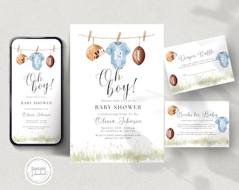 May include: A baby shower invitation suite with a football theme. The design includes a smartphone, invitation, diaper raffle card, and book request card. The invitation features a football helmet, jersey, and football illustrations.