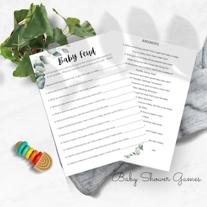 Printable Baby Shower Game Family Feud, with Answer, Printable, Instant Download, Digital, Gender Neutral, Greenery, 5x7, Trivia Game Card