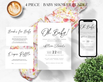 Minimalistic Baby Shower Invitation, Simple Black and White Oh Baby Printable Invite, Gender Neutral, INSTANT DOWNLOAD, Modern, Evite,D96