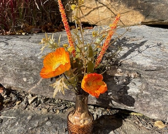 Fall Faux Floral Poppy Arrangement in Amber Glass Vase, Fall Decor, Artificial Poppy, Autumn Flowers