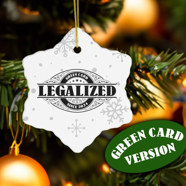 Legalized Ornament GreenCard 2024, Ceramic Snowflake Celebrating Permanent Resident Card, New Immigration Status, Green Card Holder