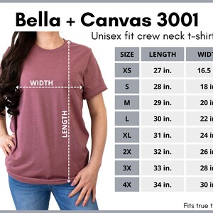 May include: A size chart for Bella + Canvas 3001 unisex fit crew neck t-shirts. The chart shows the measurements in inches for the width and length of the shirts in sizes XS to 4X.