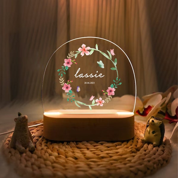 Floral Butterfly Name Night Light | Personalized Birthday Gift | Bedroom Bedside Lamp