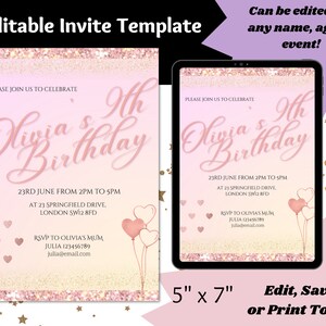 PRINTABLE PINK INVITE, Editable Invitation Template, Girls Party Invitation, Kids Birthday Party, Pink Rose Gold Glitter Birthday Invite