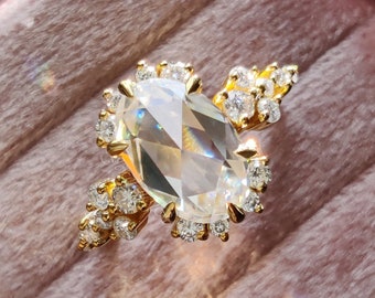 Ovale roos geslepen moissanietcluster verlovingsring, 14K massief gouden vintage stijl jubileumring, art deco handgemaakte sieraden, verjaardagscadeau