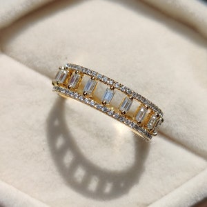 Baguettes & Round Cut Moissanite Classic Wedding Band, 14K Solid Gold Eternity Proposal Band For Women, Designer Minimalist Promise Band