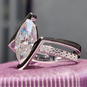 Marquise Moissanite Bypass Shank Wedding Gift Ring, Half Bezel Set Engagement Ring, Marquise Celebrity Style Proposal Rings For Women