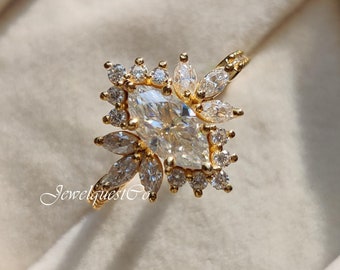 Marquise Moissanite Cluster Engagement Ring, Unique Halo Wedding Ring For Her, Gorgeous Proposal Gift Ring, Vintage Style Anniversary Ring