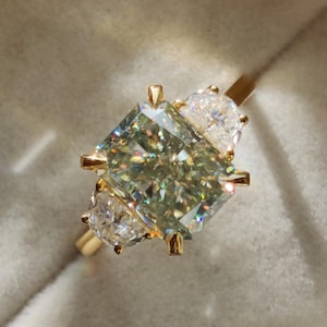 3.50 CT Light Green Radiant Cut Moissanite Three Stone Wedding Gift Ring, Half Moon Shape Side Stone Hidden Halo Anniversary Rings For Women