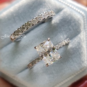 Radiant Cut Moissanite Bridal Ring Set Minimalist Half Eternity Matching Wedding Band For Her Solitaire With Accented Proposal Ring Set