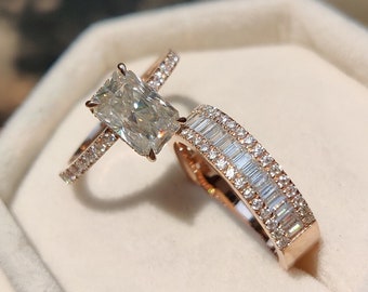 Radiant Cut Moissanite Bridal Set, Unique Pave Set Rose Gold Anniversary Ring, Radiant Promise Ring With Single Wide Band, Birthday Gift