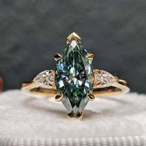 Cyan Blue Marquise Cut Moissanite Three Stone Engagement Rings For Women, Claw Prong Wedding Gift For Her, Colored Marquise Proposal Ring