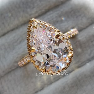 Pear Cut Moissanite Halo Engagement Ring, 14K Solid Gold Pave Setting Beautiful Promise Anniversary Gift For Her, Teardrop Handmade Jewelry