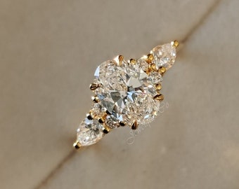 1.20CT Oval Cut CVD Diamond Three Stone Engagement Ring Pear Cut Side Stone Wedding Anniversary Gift Ring IGI Certified Celebrity Style Ring
