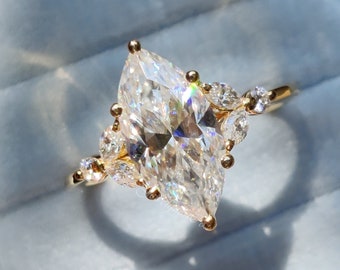 Marquise Moissanite Cluster Ring: Art Deco Solid Gold Anniversary Ring