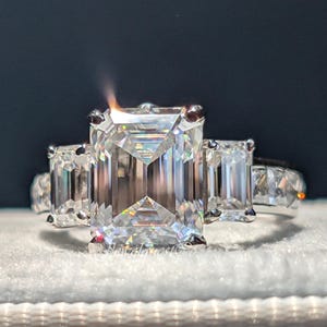 2.30 CT Emerald Cut Three Stone Moissanite Ring With Channel Setting Princess Cut Sided Stone Engagement Ring Sparkling Ethical Diamond Look