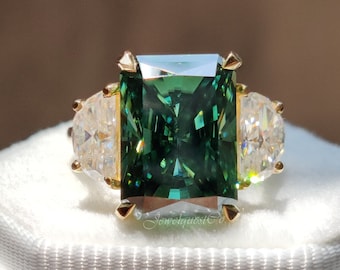 8 CT Green Radiant Cut Moissanite Three Stone Engagement Ring, Side Stone Half Moon Anniversary Rings For Women, Vintage Style Birthday Gift
