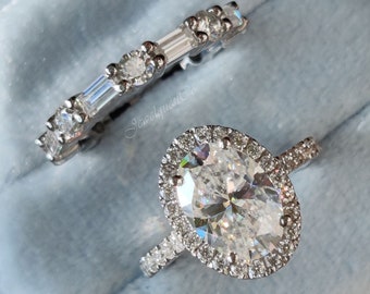 2.50 CT Oval Moissanite Halo Wedding Gift Ring Set, Unique Baguettes & Round Minimalist Band 14K White Gold Promise Ring Set Oval Bridal Set