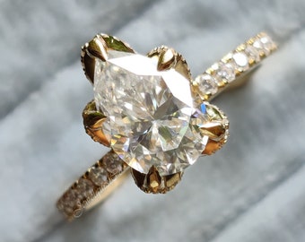 Pear Cut Moissanite Engagement Ring, Delicate 5-Prong Petal Setting  Wedding Gift For Her, 14K Solid Gold Moissanite Hidden Halo Ring