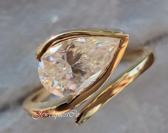 Solitaire Half Bezel Set Pear Moissanite Engagement Ring East West Teardrop Curved Style Promise Ring Bridesmaid Gifts Horizontal Pear Ring
