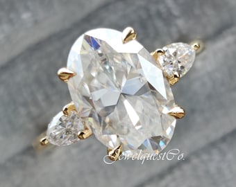 Anelli di fidanzamento con moissanite ovale a tre pietre da 3,75 ct per donna, anello con pietra a pera laterale, promessa di anniversario, anello in oro 14 carati, proposta di matrimonio ovale con diamante