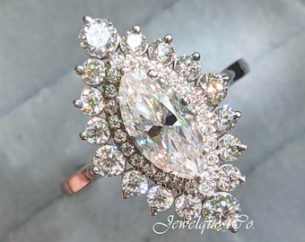 Anello di fidanzamento con grande alone classico di moissanite taglio marquise, anello con doppio alone in stile vintage con montatura a tulipano, lussuoso anello marquise