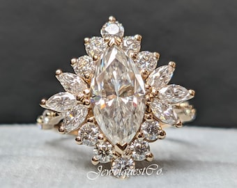 Marquise Moissanite Cluster Halo Floating Shank Engagement Ring Vintage Style Art Deco Bridal Promise Anniversary Ring Custom Birthday Gift