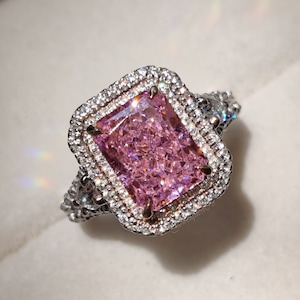 Pink Radiant Cut Simulated Diamond Ring: Art Deco Double Halo, 14K White Gold