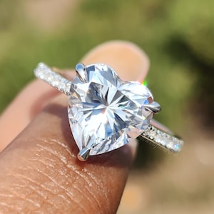 Heart Cut Moissanite Engagement Ring, Unique Colorless Wedding Gift, White Gold Pave Setting Anniversary Ring, Proposal Ring For Girlfriend