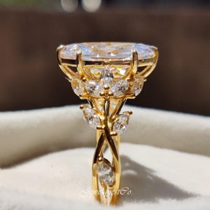 Marquise Moissanit Art Deco-förlovningsring, 14K massivt bladguld och vinranka Designer Cluster bröllopspresentring för kvinnor, Anpassad brudring