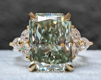 8.10CT Light Green Radiant Cut Moissanite Classic Wedding Ring Side Cluster Pear Stone Proposal Ring Custom Handmade Ring For Every Occasion