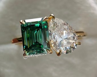 Colorless Pear & Green Emerald Moissanite Two Stone Ring, 14K Solid Gold Toi et moi Proposal Rings For Women, Unique Handmade Jewelry Gift