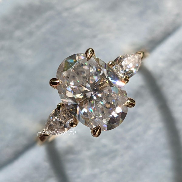2CT Oval Cut Moissanite Three Stone Wedding Ring Pear Cut Side Stone Trilogy Ring Luxurious 14K Gold Anniversary Gift For Wife Birthday Gift