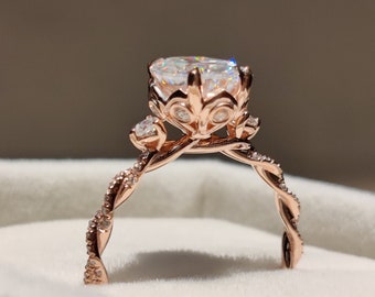 Oval Moissanite Designer Halo Engagement Ring, 14K Rose Gold Anniversary Gift Ring For Women, Oval Twisted Shank Daily Wear Proposal Ring