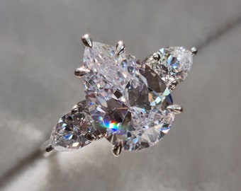 3.00 CT Pear Cut Moissanite Three Stone Engagement Ring, 14K Solid White Gold Wedding Gift For Her, Unique Teardrop Bridal Anniversary Ring
