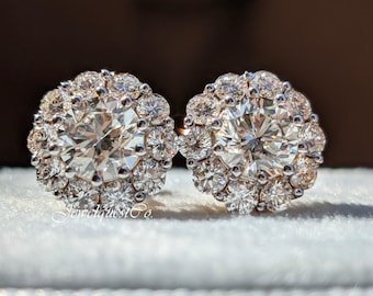 2.00CT Lab Grown Diamond Cluster Stud Earrings Round Cut Floral Halo Earrings 14K Gold IGI Certified Screw Back Earrings Birthday Gift