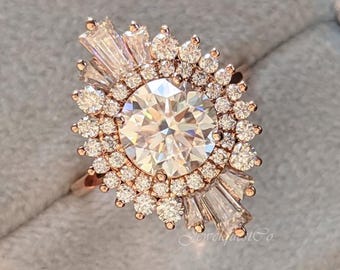 Anillo de moissanita de corte redondo con doble halo, estilo art déco vintage, anillo de cóctel llamativo para mujer.