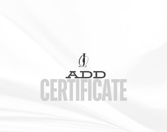 May include: A white background with a subtle, flowing pattern. The words "ADD CERTIFICATE" are displayed in a bold, sans-serif font. Above the word "ADD" is a stylized logo.