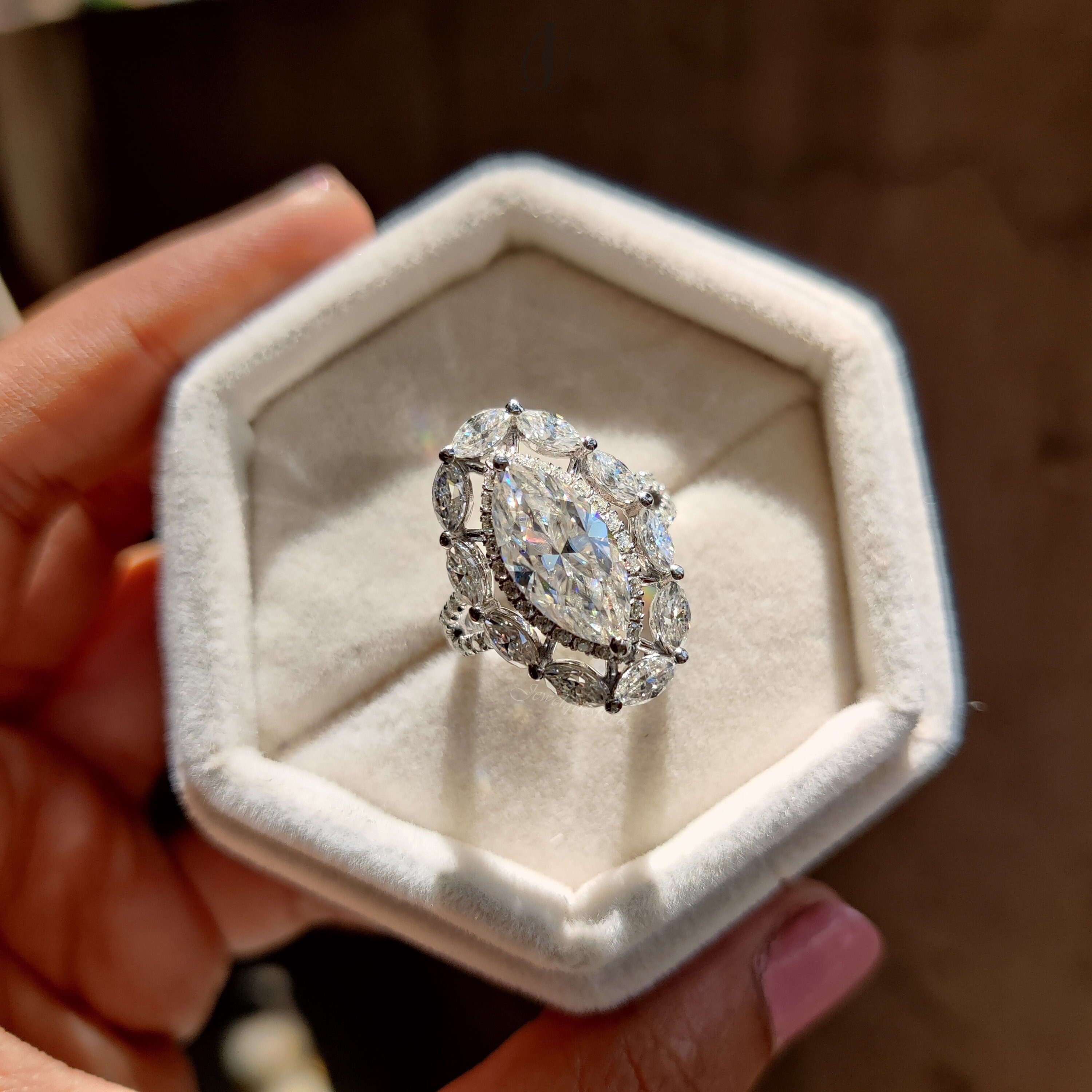 2.60 CT Marquise Cut Moissanite Starburst Halo Anniversary Ring, Cluster Vintage Style Wedding Gift, Unique Marquise Cocktail Ring For Women