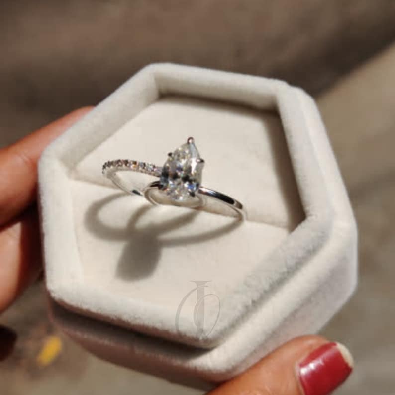 Pear Moissanite Bridal Set Ring, 14K Solid White Gold 2pcs Wedding Ring Set, Teardrop Anniversary Ring Set For Her, Solitaire Ring Set