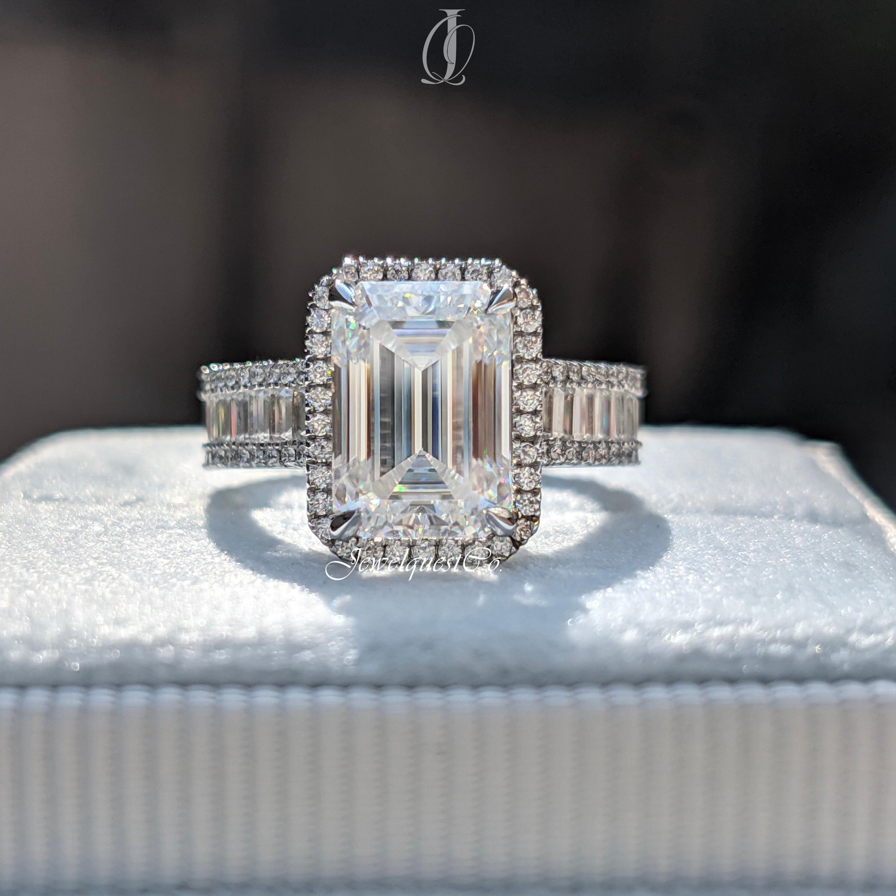 3.00CT Emerald Cut Lab Grown Engagement Ring Classic Baguettes Cut Wide Band Pave Setting Promise Ring Vertical Baguettes Shank Wedding Ring