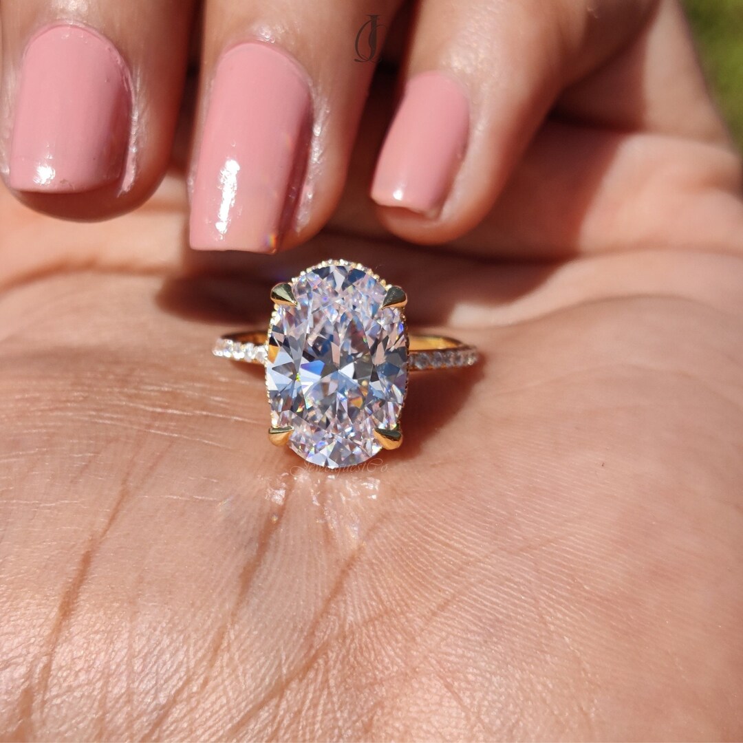 6CT Oval Cut Moissanite Hidden Halo Engagement Ring 14K Solid Gold Pave ...