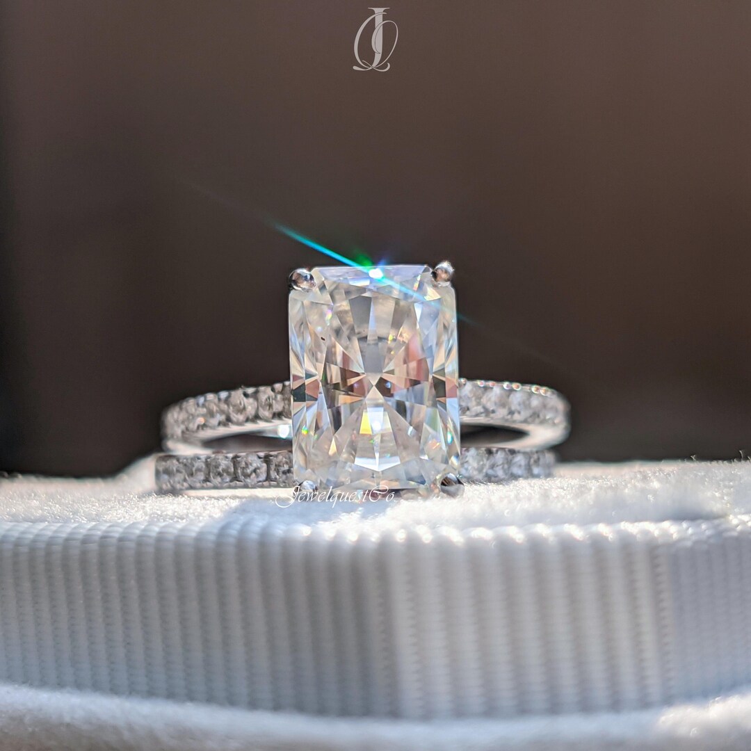 Radiant Cut Moissanite Hidden Halo Engagement Ring Set, Pave Wedding ...