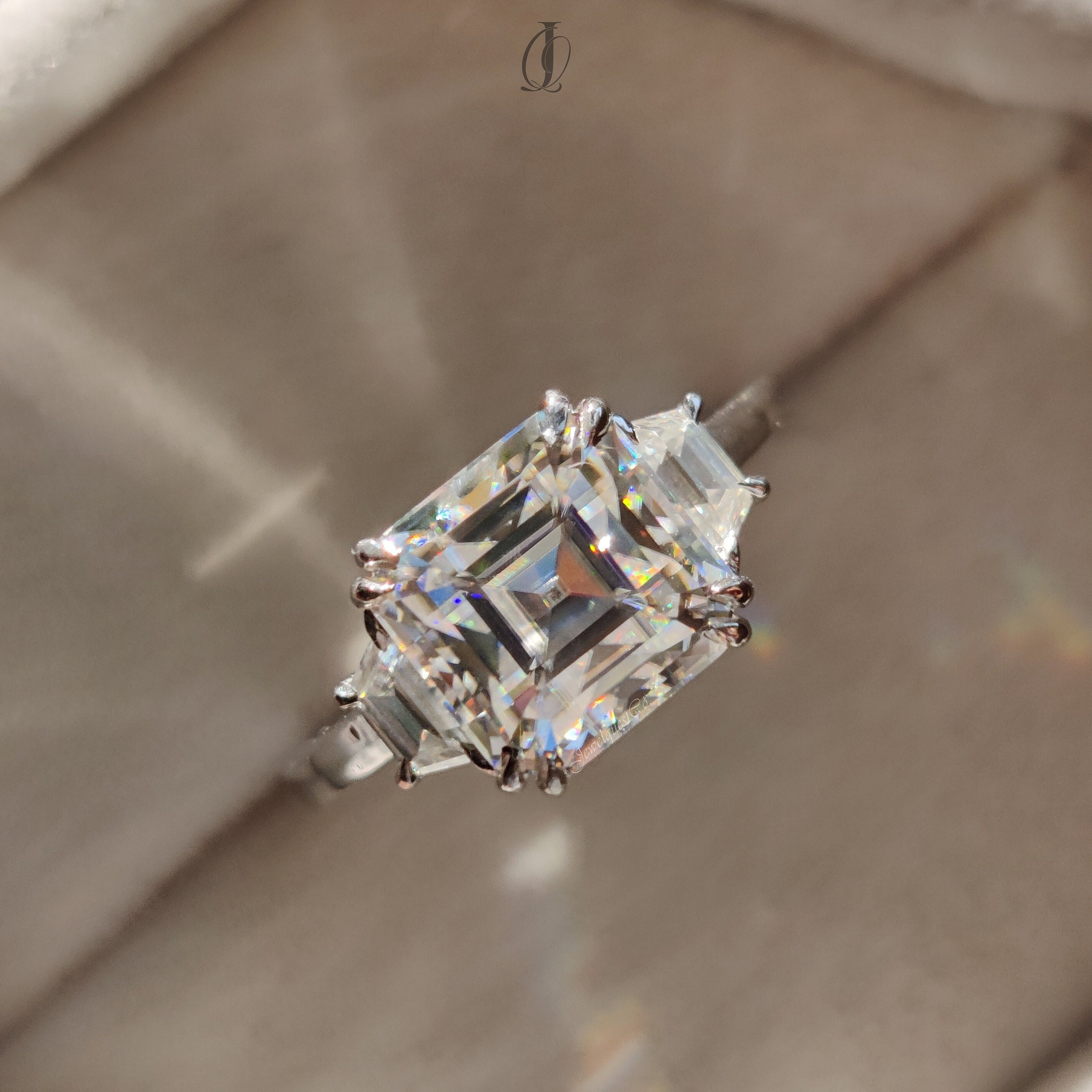 Asscher Cut Moissanite Three Stone Engagement Ring, Double Claw Prong Wedding Gift Ring For Women, Asscher Bridal Ring, Mother Day Gift