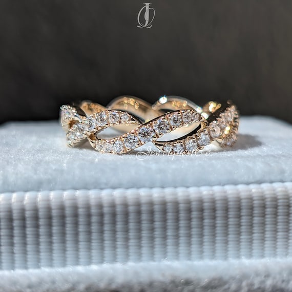 Twisted Rope Round Cut Moissanite Designer Wedding Band 14K Solid