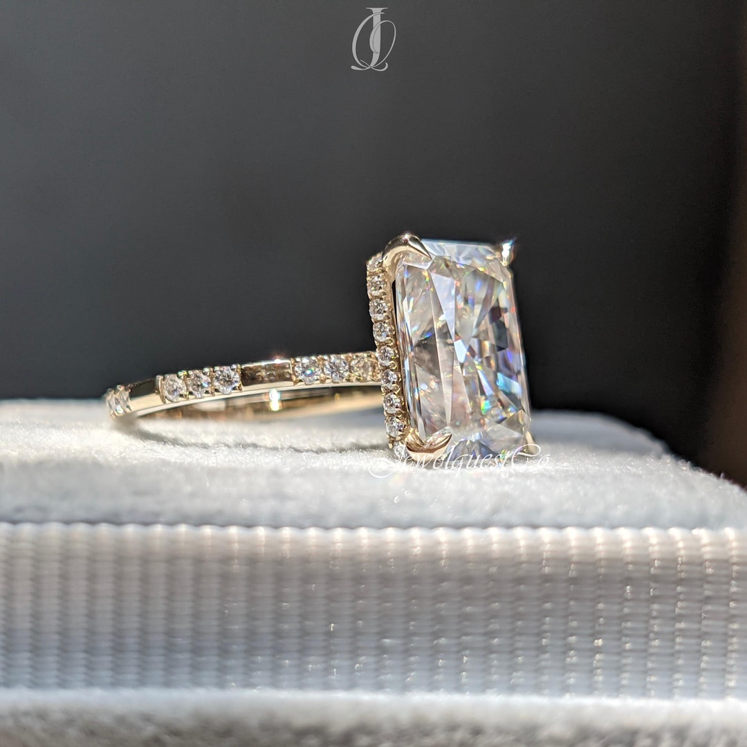 Radiant Cut Moissanite Engagement Ring With Hidden Halo & Pave Band ...