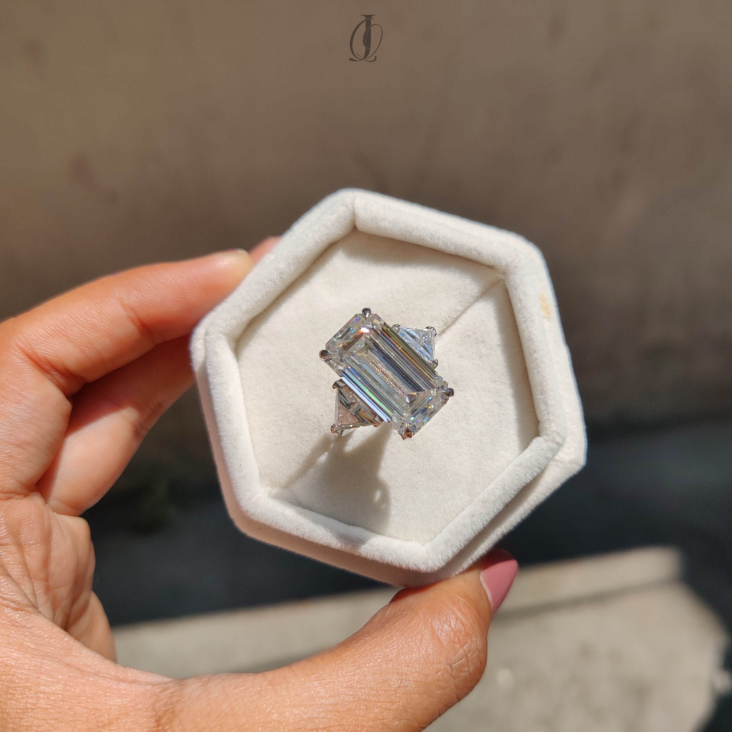 12.00 CT Emerald Cut Moissanite Three Stone Engagement Ring Colorless ...
