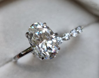 Conjunto de anillos de boda de moissanita ovalados, banda de eternidad de burbujas de oro blanco para mujeres, conjunto de anillos de propuesta ovalados de estilo vintage para ella, regalo de cumpleaños